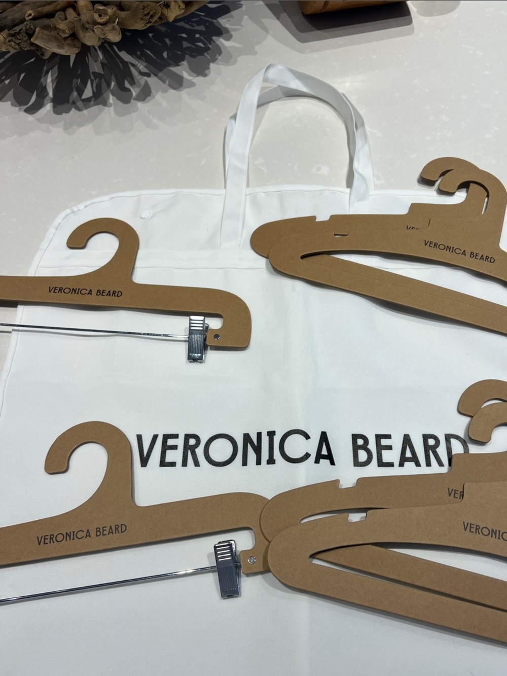 Veronica Beard White Garment Bag with Brown Branded Hangers